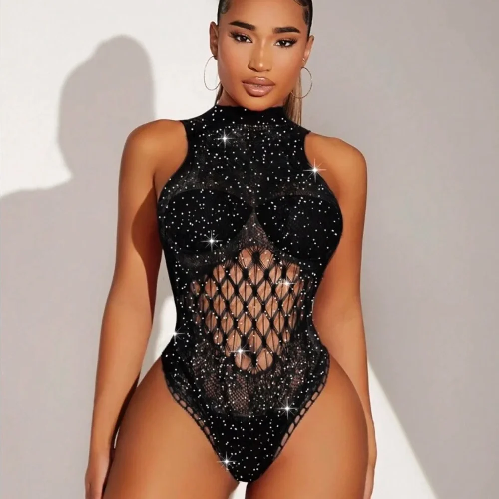 Sparkling Rhinestone Mock Neck Teddy Bodysuit NEW 🏷️ - Picture 2 of 4